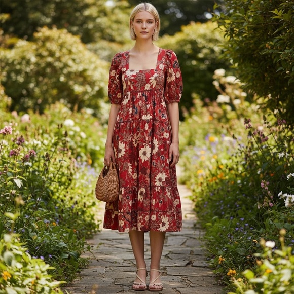 Ulla Johnson Nora Floral Gathered Midi Dress Size 12  Red Puff Sleeve Tiered - Picture 3 of 16